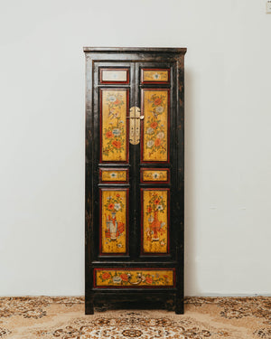 Tall Lacquered Black Cabinet with Yellow Door Panels