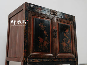 black lacquer trunk cabinet hand drawn in birds and floral motifs