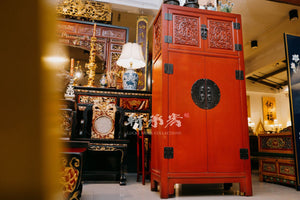 Elegant classic red lacquer tall cabinet with carved reliefs