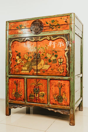 Rare Trunk-Headed Cabinet Hand Drawn in Traditional Auspicious Motifs