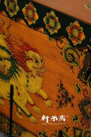 hand drawn trunk table in motifs of Tibetan snow lions